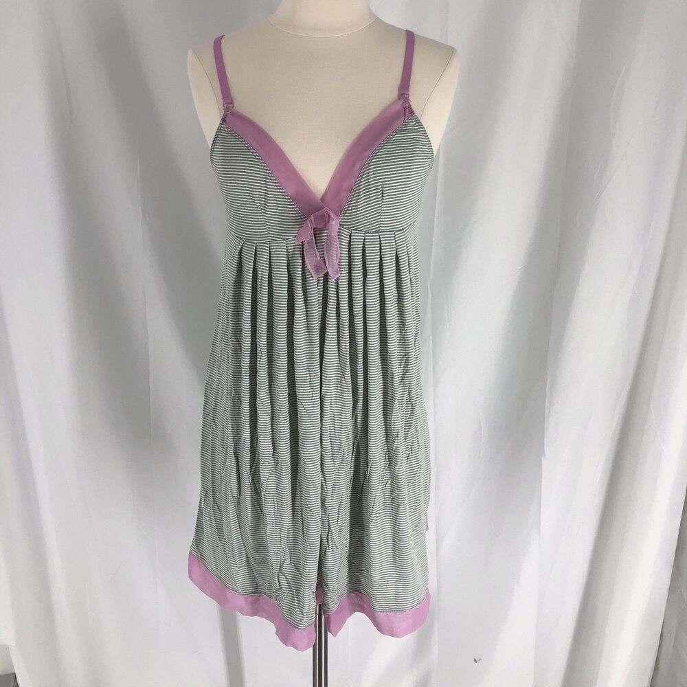 DKNY Cute Green & White Stripe Pink Lace Bow nightie sleep dress Size Medium